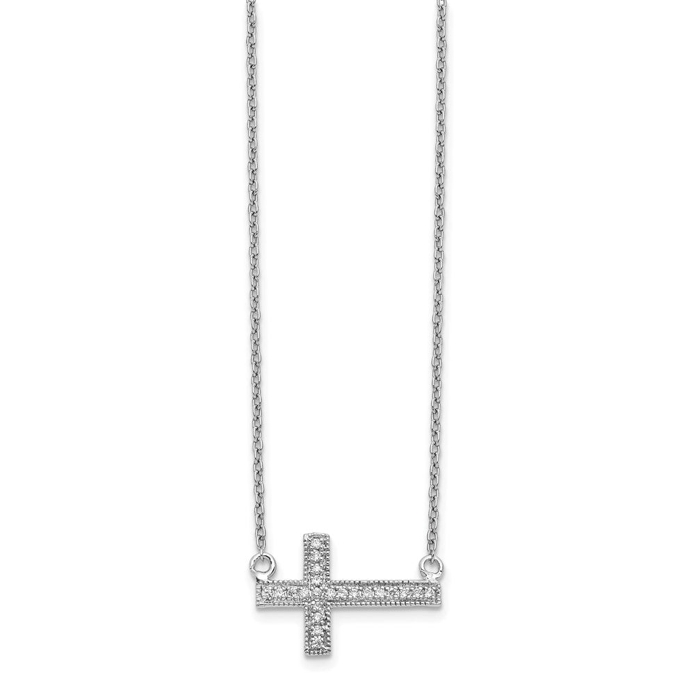 14k White Gold Real Diamond Sideways Cross 18in Necklace