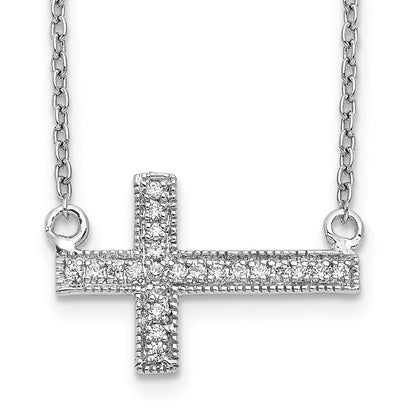 14k White Gold Real Diamond Sideways Cross 18in Necklace