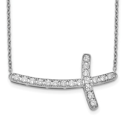 14k White Gold Real Diamond Sideways Cross 18in Necklace