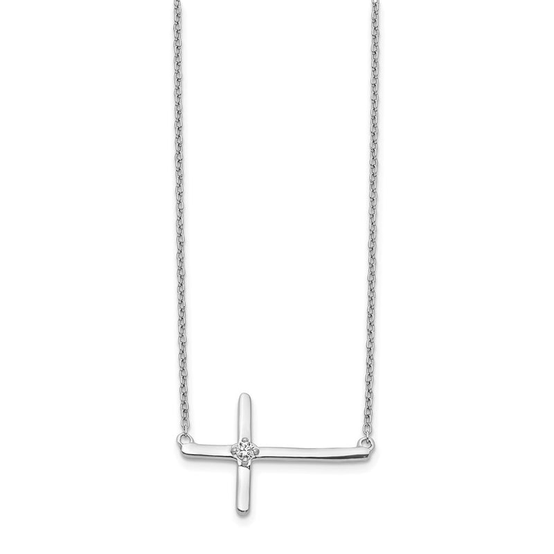 14k White Gold Real Diamond Sideways Cross 18in Necklace