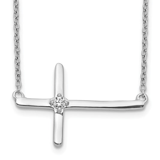 14k White Gold Real Diamond Sideways Cross 18in Necklace