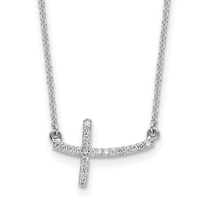 14k White Gold Real Diamond Sideways Cross 18 in. Necklace