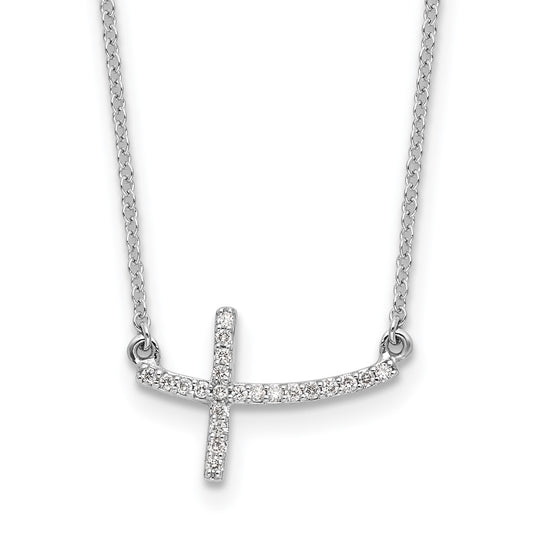 14k White Gold Real Diamond Sideways Cross 18 in. Necklace