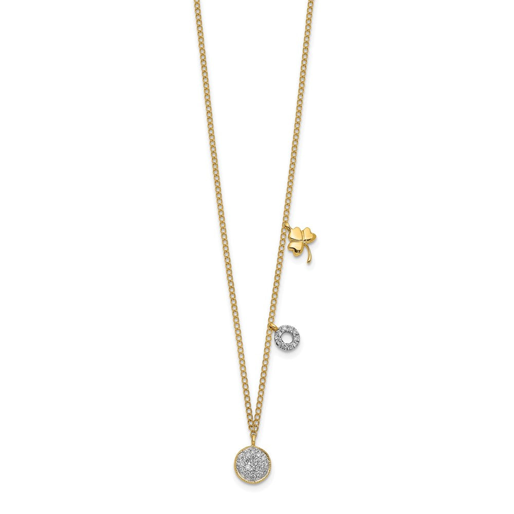 14K Yellow Gold Real Diamond Two Circle and Shamrock 16.5 inch Necklace