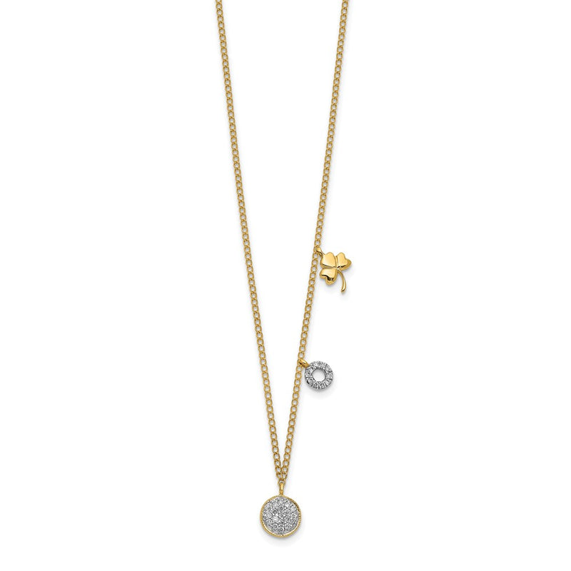 14K Yellow Gold Real Diamond Two Circle and Shamrock 16.5 inch Necklace