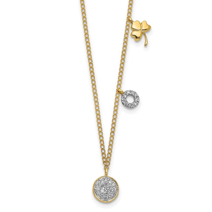 14K Yellow Gold Real Diamond Two Circle and Shamrock 16.5 inch Necklace