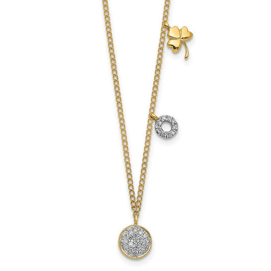 14K Yellow Gold Real Diamond Two Circle and Shamrock 16.5 inch Necklace