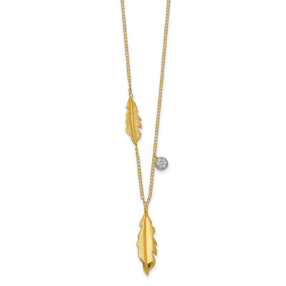 14K Yellow Gold Real Diamond and Feathers 16.5 inch Necklace