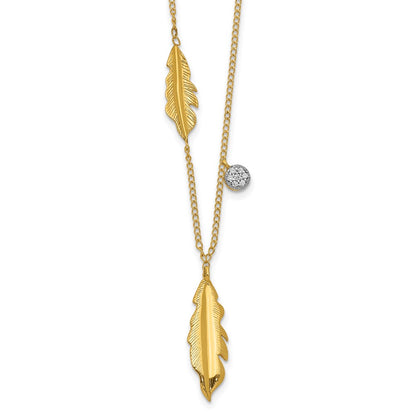 14K Yellow Gold Real Diamond and Feathers 16.5 inch Necklace