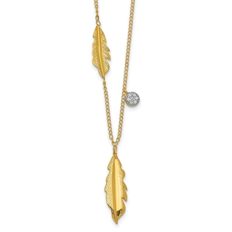 14K Yellow Gold Real Diamond and Feathers 16.5 inch Necklace