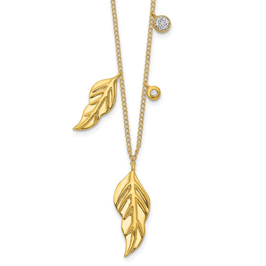 14K Yellow Gold Real Diamond and Feathers 16.5 inch Necklace