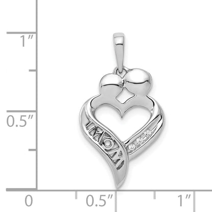 14k White Gold Real Diamond MOM Heart Pendant