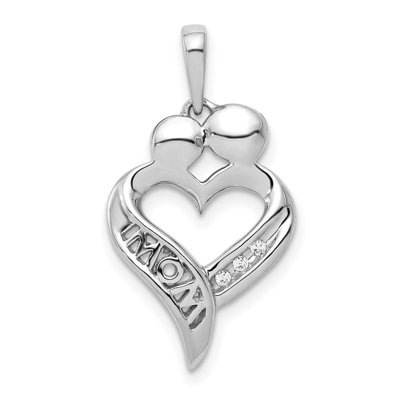 14k White Gold Real Diamond MOM Heart Pendant