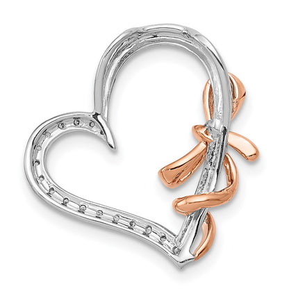 14k White and Rose Gold Real Diamond Polished Heart w/Bow Chain Slide