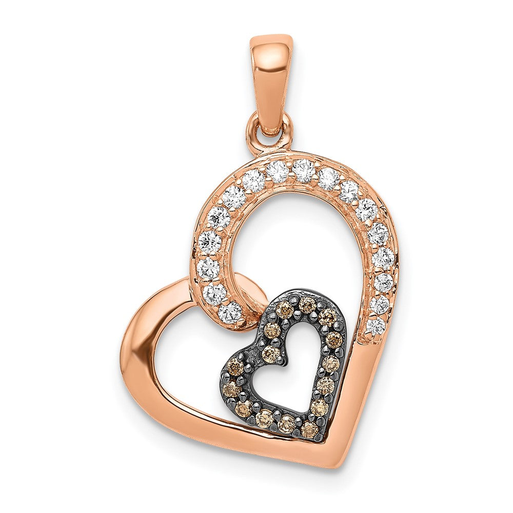 14k Rose Gold Champagne and White Real Diamond Hearts Pendant