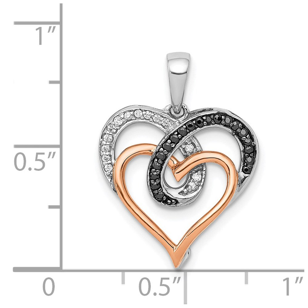 14k White and Rose Gold White and Black Real Diamond Hearts Pendant