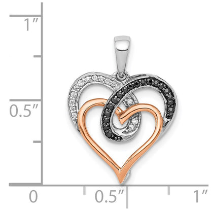 14k White and Rose Gold White and Black Real Diamond Hearts Pendant