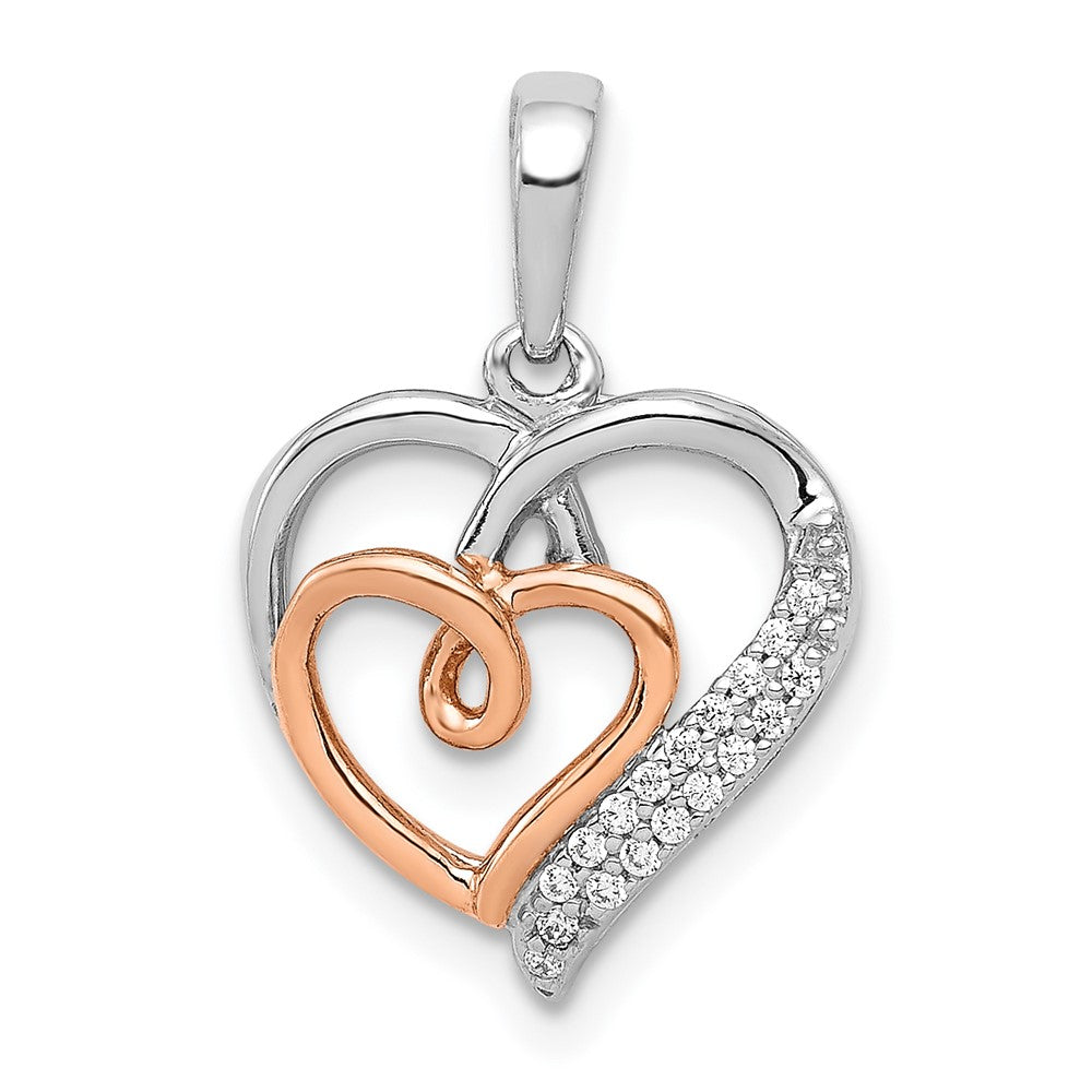 14k White and Rose Gold 1/20ct. Real Diamond Double Hearts Pendant