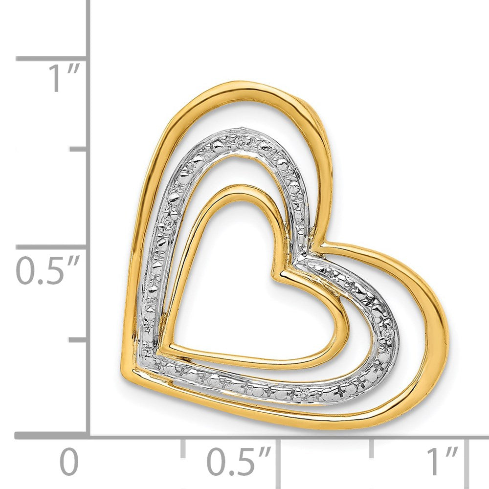 14K Yellow Gold .01ct. Real Diamond and Rhodium Triple Heart Chain Slide