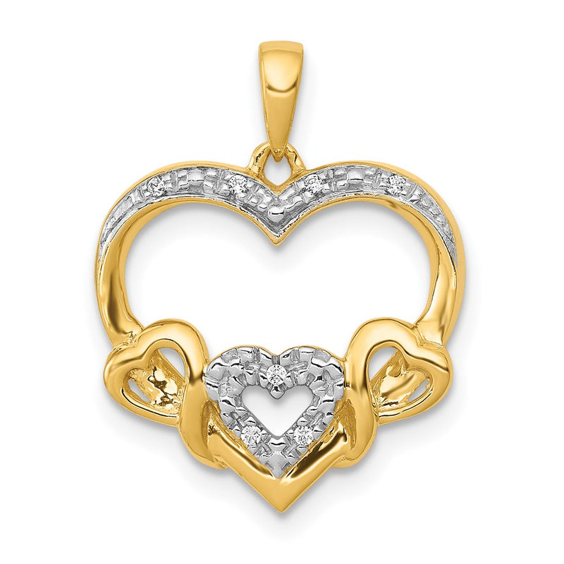 14K Yellow Gold .03ct. Real Diamond Heart w/ Three Smaller Hearts Pendant