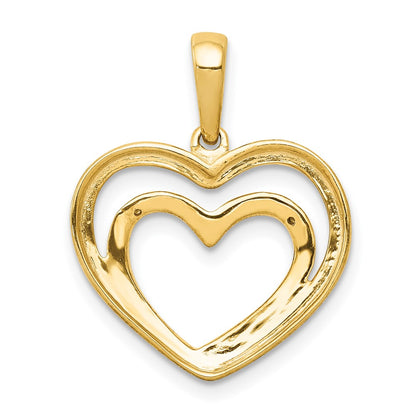 14K Yellow Gold .01ct. Real Diamond and Rhodium Double Heart Pendant