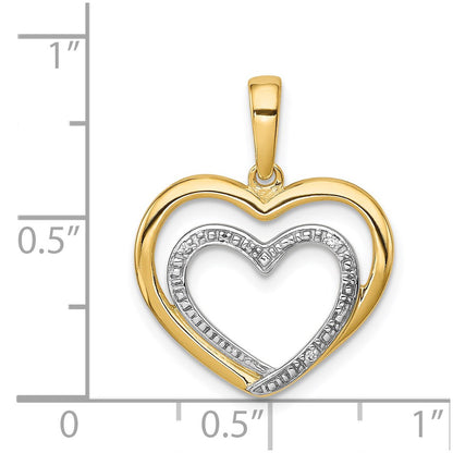 14K Yellow Gold .01ct. Real Diamond and Rhodium Double Heart Pendant