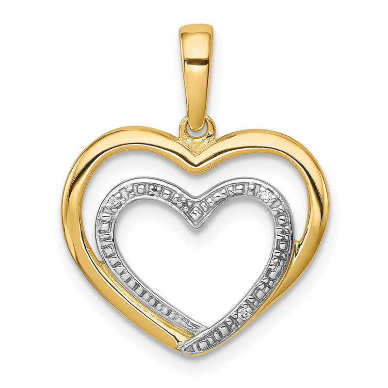 14K Yellow Gold .01ct. Real Diamond and Rhodium Double Heart Pendant