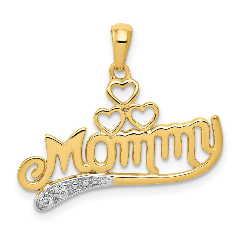 14K Yellow Gold .02 Real Diamond MOMMY Double Heart pendant