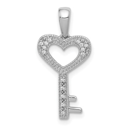 14k White Gold 1/20ct. Real Diamond Heart Key Pendant