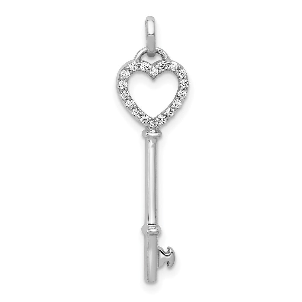 14k White Gold Real Diamond Heart Key Pendant
