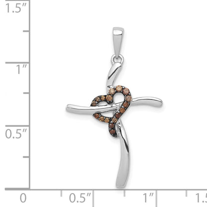 14k White Gold 1/10ct. Champagne Real Diamond Heart Cross Pendant