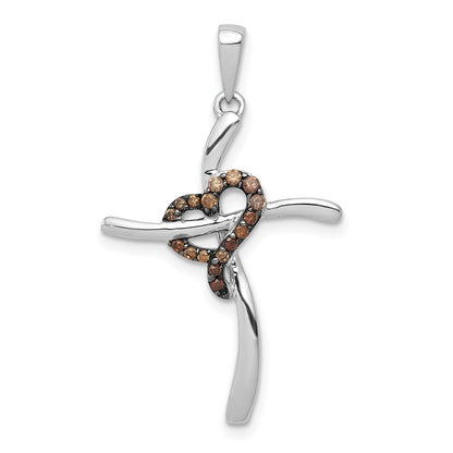 14k White Gold 1/10ct. Champagne Real Diamond Heart Cross Pendant