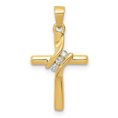 14K Yellow Gold AA Real Diamond Cross Pendant