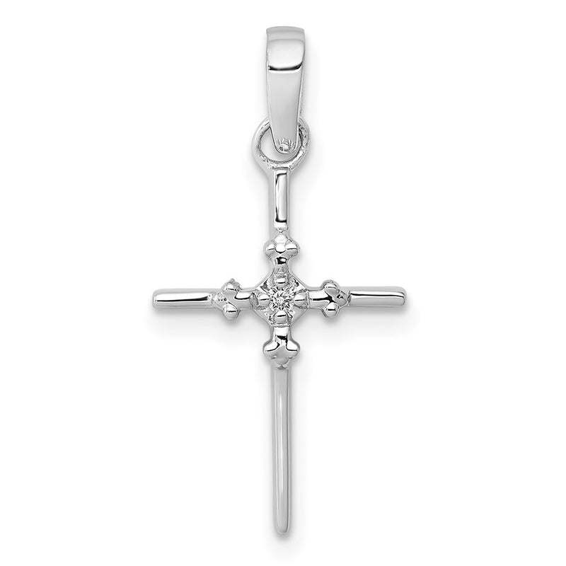 14k White Gold .01ct. Real Diamond Polished Budded Cross Pendant