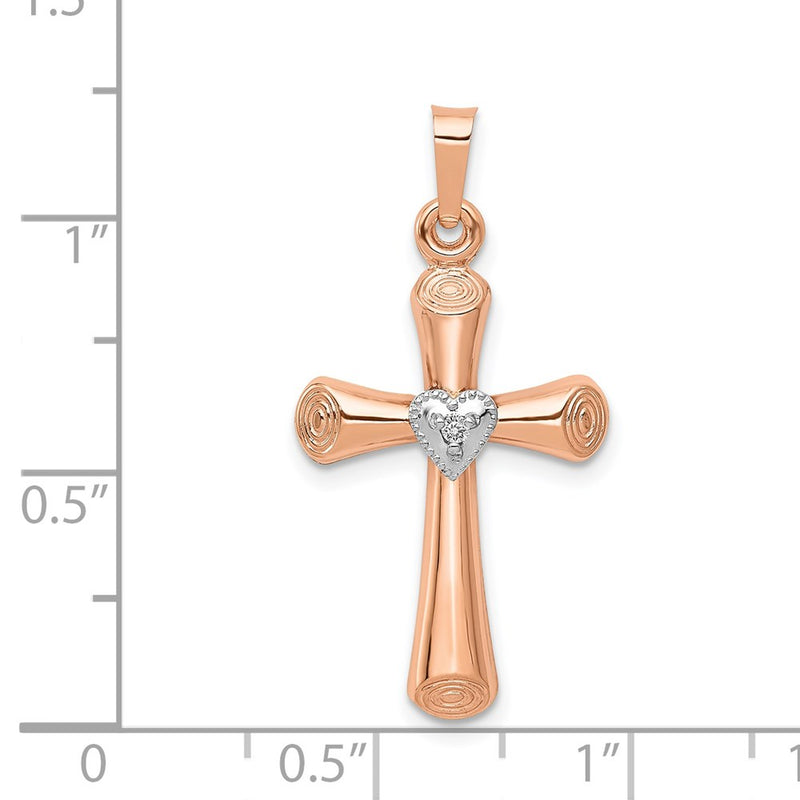 14k Two-Tone Gold Real Diamond Polished Hollow Latin Heart Cross Pendant