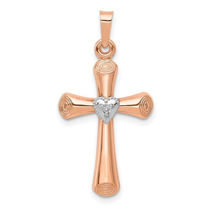 14k Two-Tone Gold Real Diamond Polished Hollow Latin Heart Cross Pendant