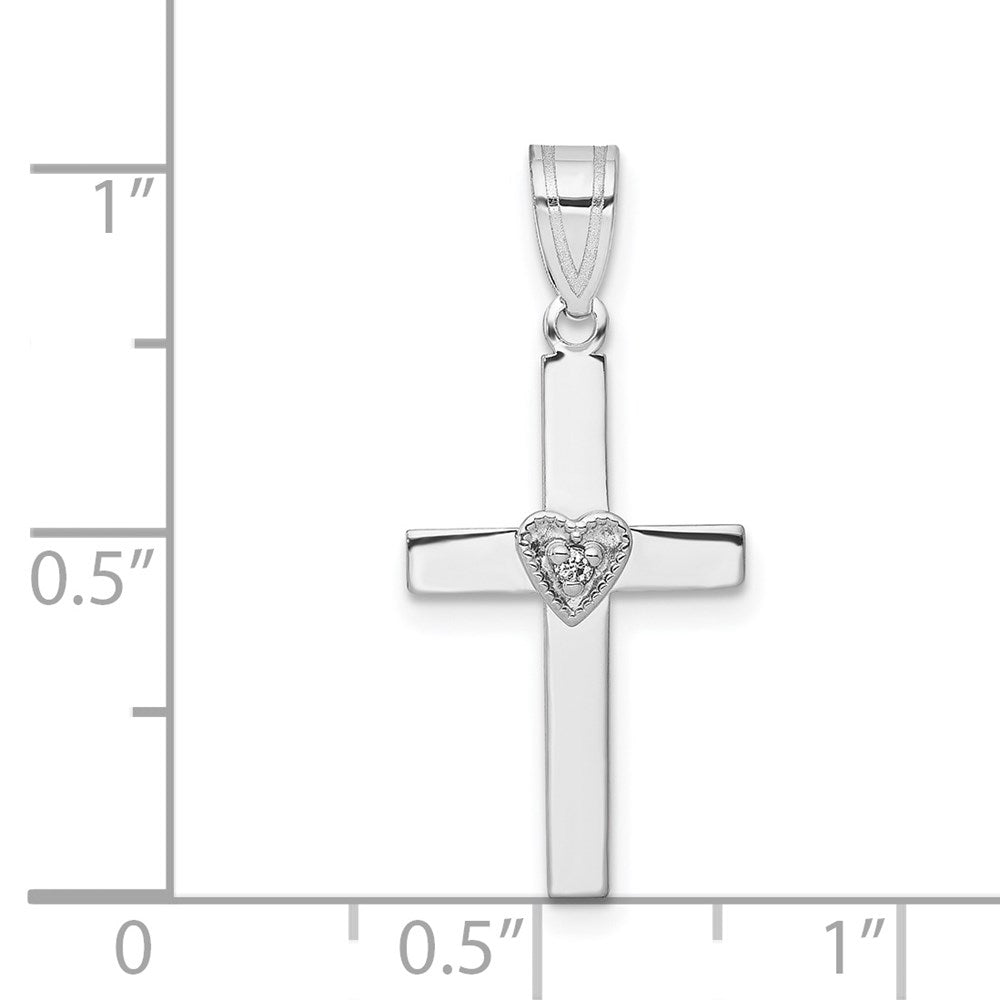 14k White Gold .01ct Real Diamond Heart Cross Pendant