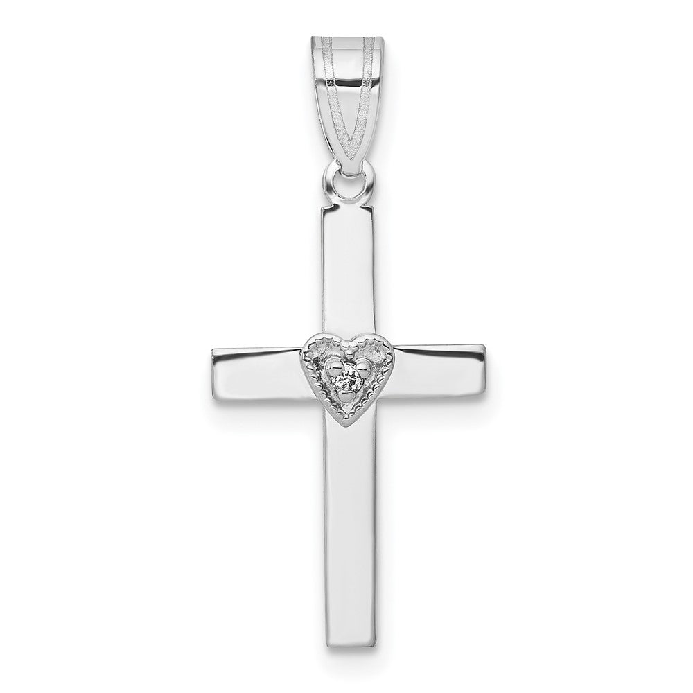 14k White Gold .01ct Real Diamond Heart Cross Pendant