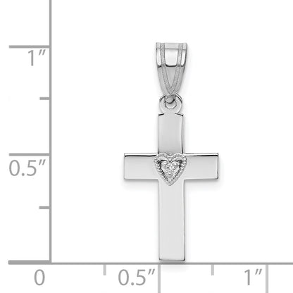 14k White Gold .01ct Real Diamond Heart Cross Pendant