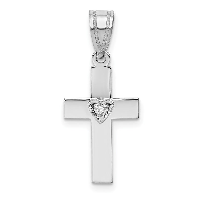 14k White Gold .01ct Real Diamond Heart Cross Pendant