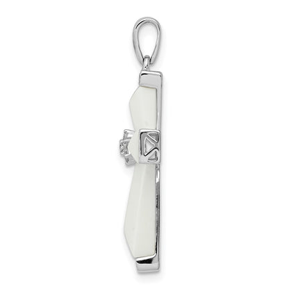14K White Gold White Agate & Real Diamond Cross Pendant