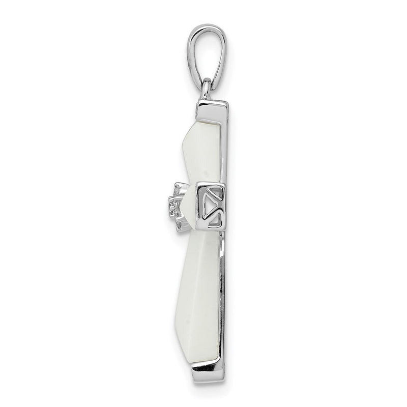 14K White Gold White Agate & Real Diamond Cross Pendant