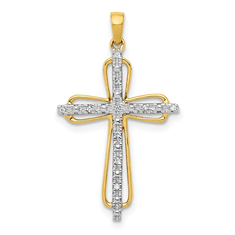 14k Yellow Gold & Rhodium .03ct. Real Diamond Cross Pendant