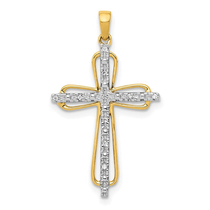 14k Yellow Gold & Rhodium .03ct. Real Diamond Cross Pendant