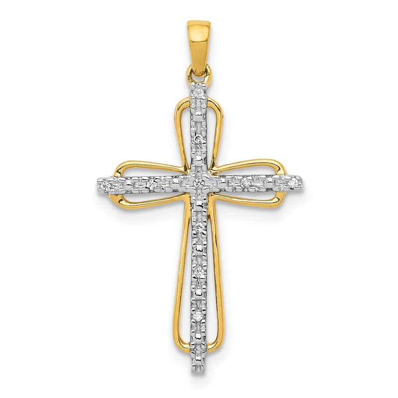 14k Yellow Gold & Rhodium .03ct. Real Diamond Cross Pendant