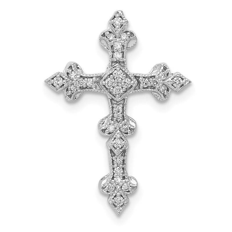14k White Gold 1/6ct. Real Diamond Filigree Cross Chain Slide