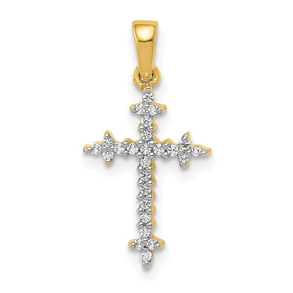 Solid 14k Yellow & Rhodium and 1/10ct. Simulated CZ Fleur de Lis Cross Pendant
