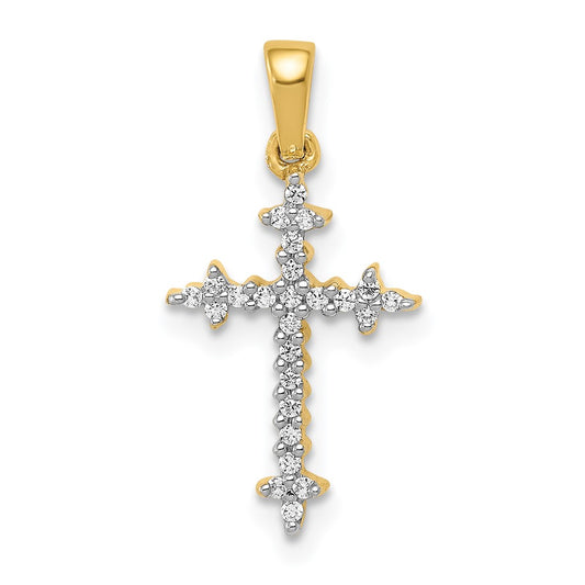 Solid 14k Yellow & Rhodium and 1/10ct. Simulated CZ Fleur de Lis Cross Pendant