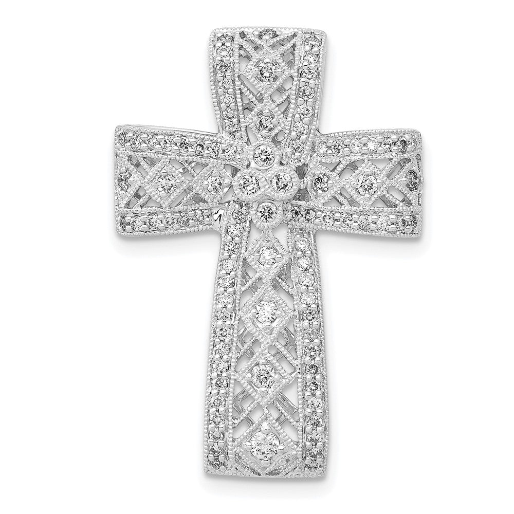 14k White Gold 1/2ct. Real Diamond Filigree Cross Chain Slide