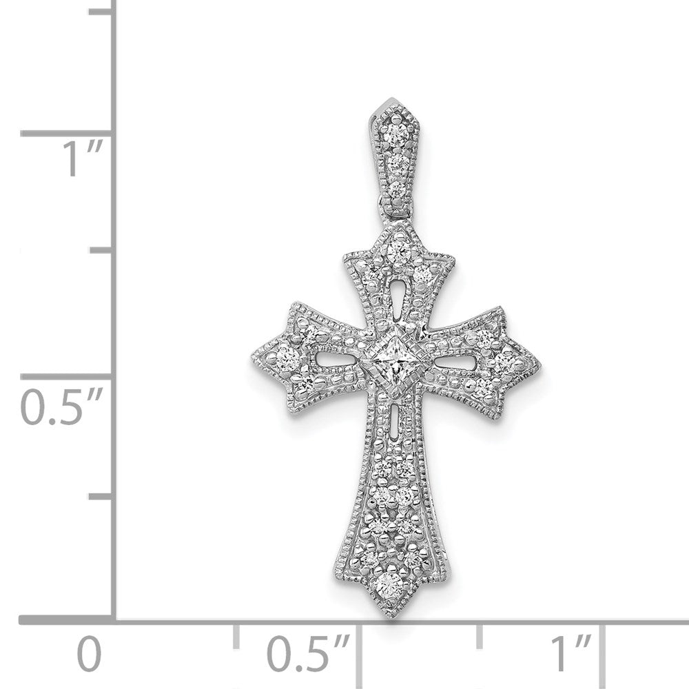 Solid 14k White Gold 1/6ct. Simulated CZ Fleur de Lis Cross Pendant